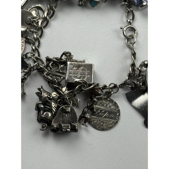 Vintage Sterling Silver Charm Bracelet 7.5" 25 Charms Travel Religious Phone - Picture 6 of 10